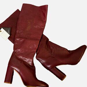 NEW Zara Burgundy Red High Heel Knee High Boots Genuine Leather
